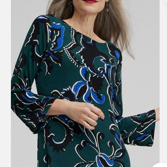 NEW NWT Chico’s Green Navy Eastern Bell Sleeve MIDI Dress Size 2 Large - Picture 3 of 9
